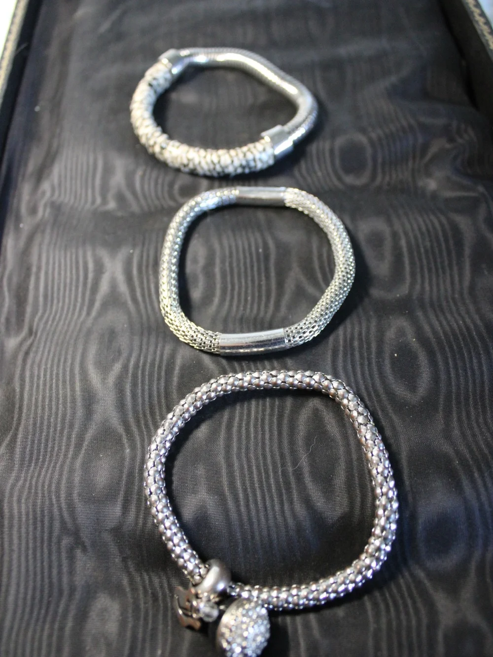 Lot of 3 Metallic Mesh Bracelets + Snakeskin Cuff + Silver Beaded Charm Bracelet